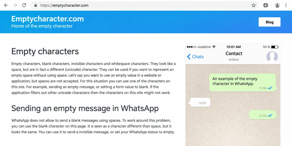 Empty Characters Homepage and WhatsApp Demo