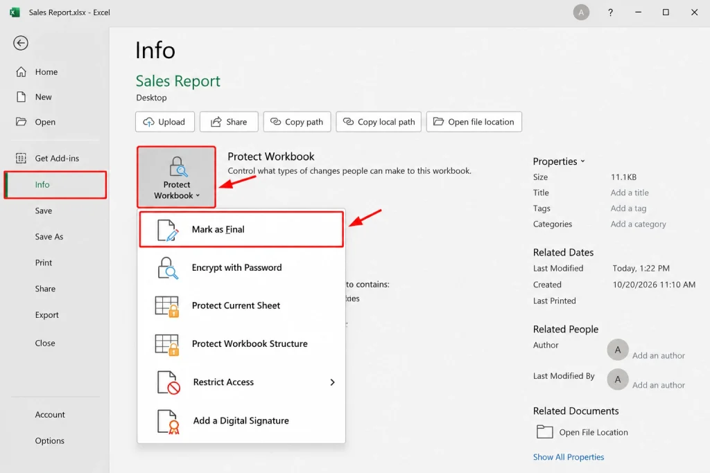 Excel Protect Workbook Menu Highlighting Mark as Final