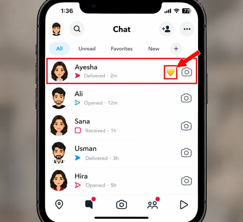 Snapchat Chat List Highlighting Ayesha’s Yellow Heart